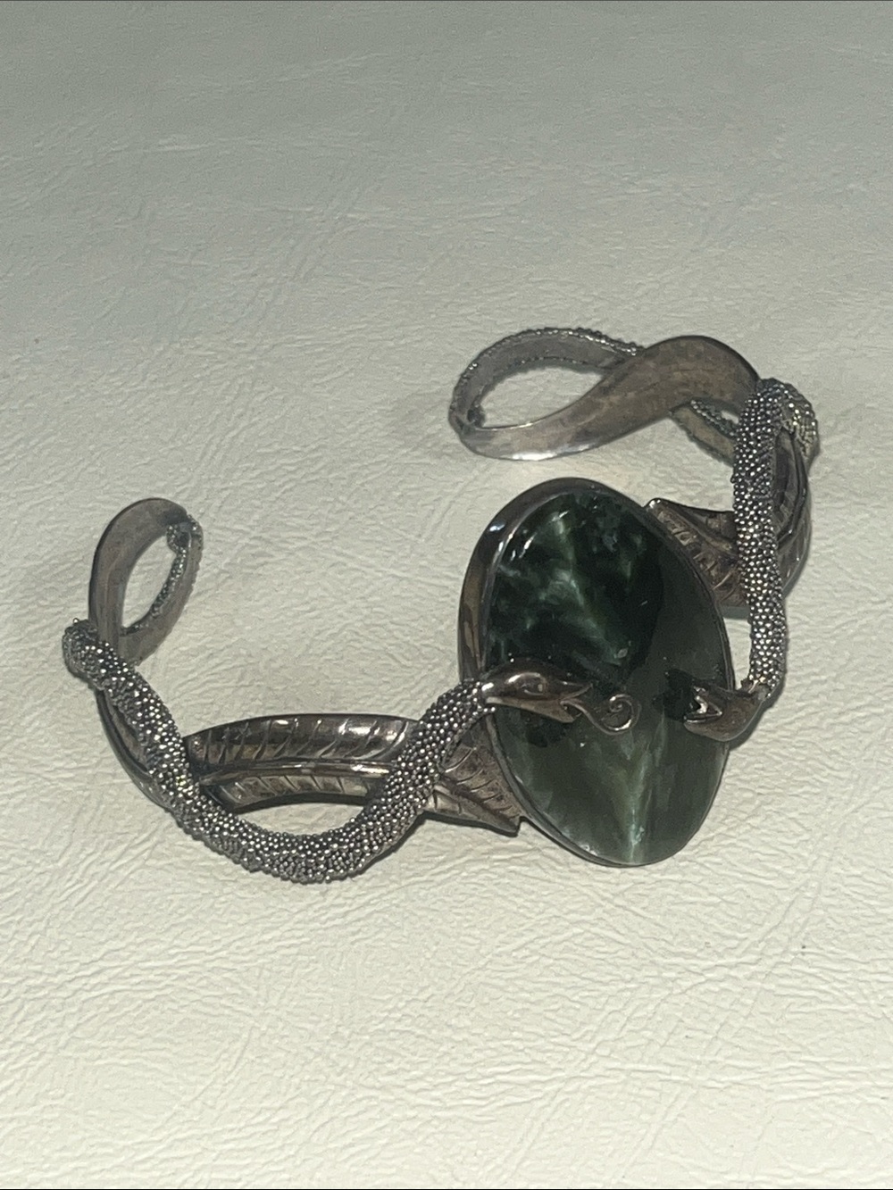 Sajen 925 Silver Cuff Dual Snake Bracelet with Deep Green Oval Stone